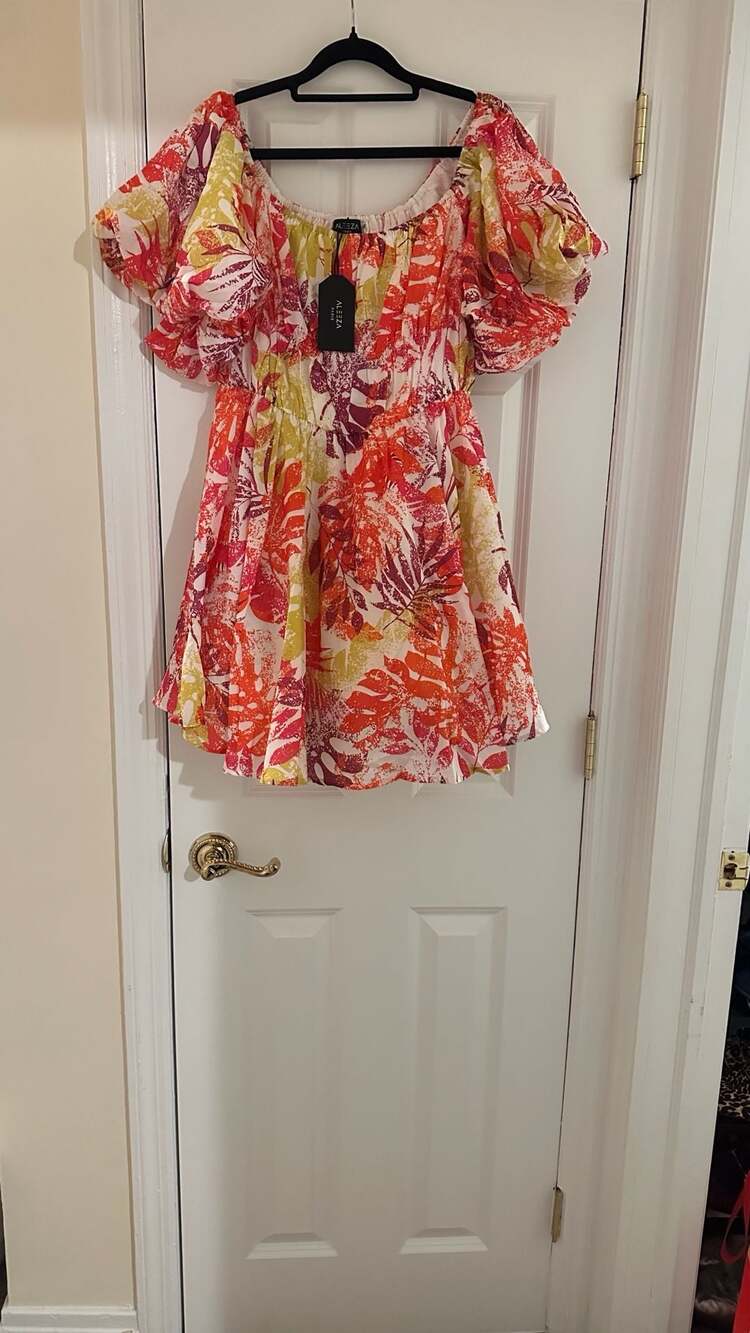 Aleeza Paris D841 Mini Dress Size XL Multi Floral Puff Sleeve